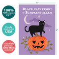 Load image into Gallery viewer, The cover of Tree-Free’s Pumpkins Gleam card with lines demonstrating its 5x7 dimensions, along with the following text: “100% PCW recycled paper, proudly made in the USA, sustainably printed on extra-thick card stock”
