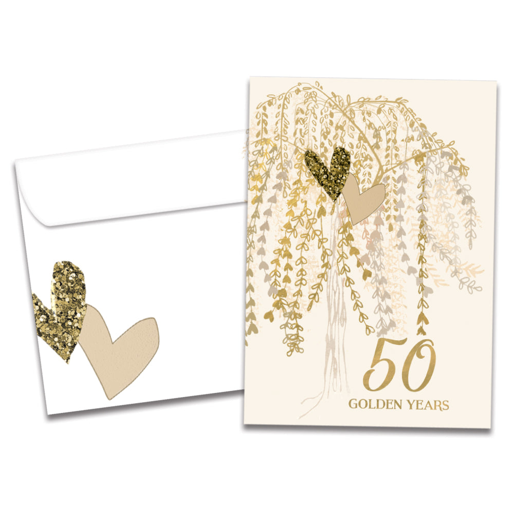 The cover of Tree-Free's Golden Hearts Tree card, along with its matching envelope.