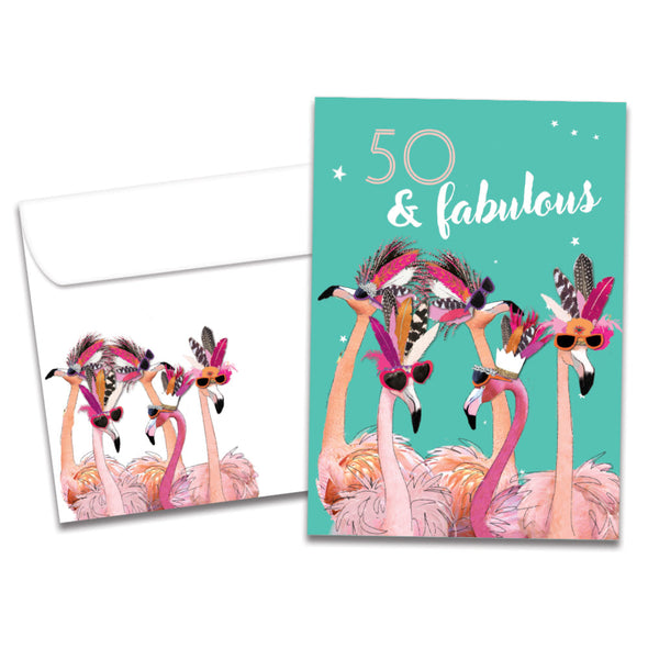 The cover of Tree-Free's 50 and Fabulous card, along with its matching envelope.