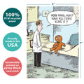 Load image into Gallery viewer, The cover of Tree-Free’s Sore Knee card with lines demonstrating its 5x7 dimensions, along with the following text: “100% PCW recycled paper, proudly made in the USA, sustainably printed on extra-thick card stock”
