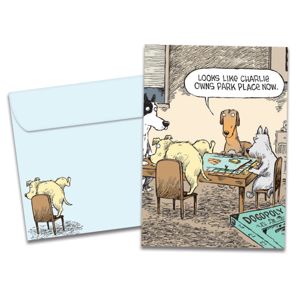 The cover of Tree-Free's Dogopoly card, along with its matching envelope.