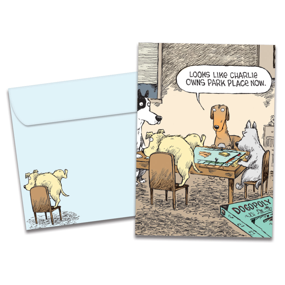 The cover of Tree-Free's Dogopoly card, along with its matching envelope.
