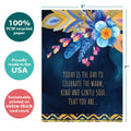 Load image into Gallery viewer, The cover of Tree-Free’s Warm Kind Gentle card with lines demonstrating its 5x7 dimensions, along with the following text: “100% PCW recycled paper, proudly made in the USA, sustainably printed on extra-thick card stock”
