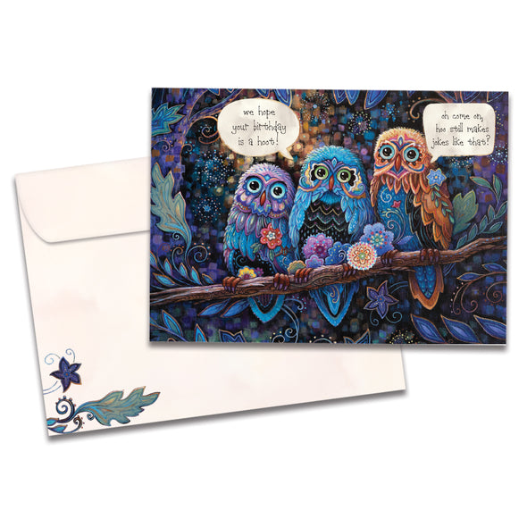 The cover of Tree-Free's Owl Wishes card, along with its matching envelope.