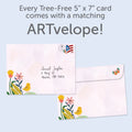 Load image into Gallery viewer, The envelope for Tree-Free’s Bright and Happy card, along with the following text: “Every Tree-Free 5x7 card comes with a matching ARTvelope!”
