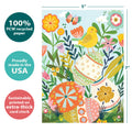 Load image into Gallery viewer, The cover of Tree-Free’s Bright and Happy card with lines demonstrating its 5x7 dimensions, along with the following text: “100% PCW recycled paper, proudly made in the USA, sustainably printed on extra-thick card stock”
