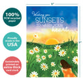 Load image into Gallery viewer, The cover of Tree-Free’s Sunset Wish card with lines demonstrating its 5x7 dimensions, along with the following text: “100% PCW recycled paper, proudly made in the USA, sustainably printed on extra-thick card stock”
