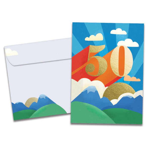 The cover of Tree-Free's Next Leg 50 card, along with its matching envelope.