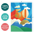 Load image into Gallery viewer, The cover of Tree-Free’s Next Leg 50 card with lines demonstrating its 5x7 dimensions, along with the following text: “100% PCW recycled paper, proudly made in the USA, sustainably printed on extra-thick card stock”
