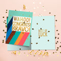 Load image into Gallery viewer, The inside of Tree-Free’s Bravo Congrats card, with the cover and envelope in the background.
