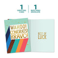 Load image into Gallery viewer, The cover and inside of Tree-Free’s Bravo Congrats card, along with the following text: “1 greeting card, 1 matching envelope”
