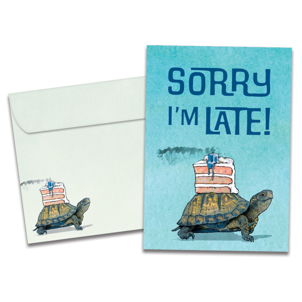 The cover of Tree-Free's Better Late Than Never card, along with its matching envelope.