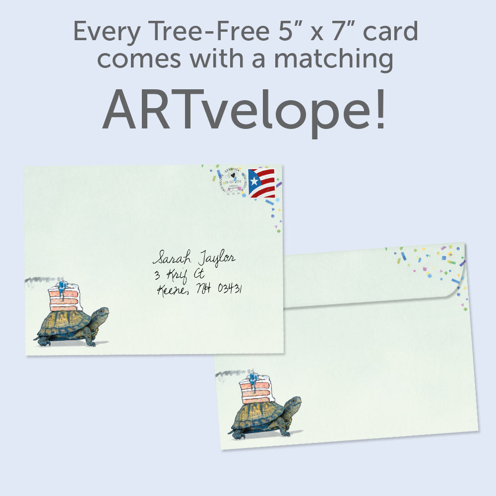 The envelope for Tree-Free’s Better Late Than Never card, along with the following text: “Every Tree-Free 5x7 card comes with a matching ARTvelope!”