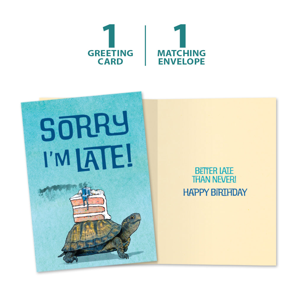 The cover and inside of Tree-Free’s Better Late Than Never card, along with the following text: “1 greeting card, 1 matching envelope”