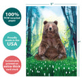 Load image into Gallery viewer, The cover of Tree-Free’s Peaceful Bear card with lines demonstrating its 5x7 dimensions, along with the following text: “100% PCW recycled paper, proudly made in the USA, sustainably printed on extra-thick card stock”
