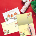 Load image into Gallery viewer, The inside of Tree-Free’s Bird Beauty card, with the cover and envelope in the background.
