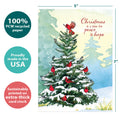 Load image into Gallery viewer, The cover of Tree-Free’s Cardinal Peace card with lines demonstrating its 5x7 dimensions, along with the following text: “100% PCW recycled paper, proudly made in the USA, sustainably printed on extra-thick card stock”
