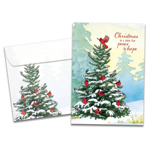 The cover of Tree-Free's Cardinal Peace card, along with its matching envelope.