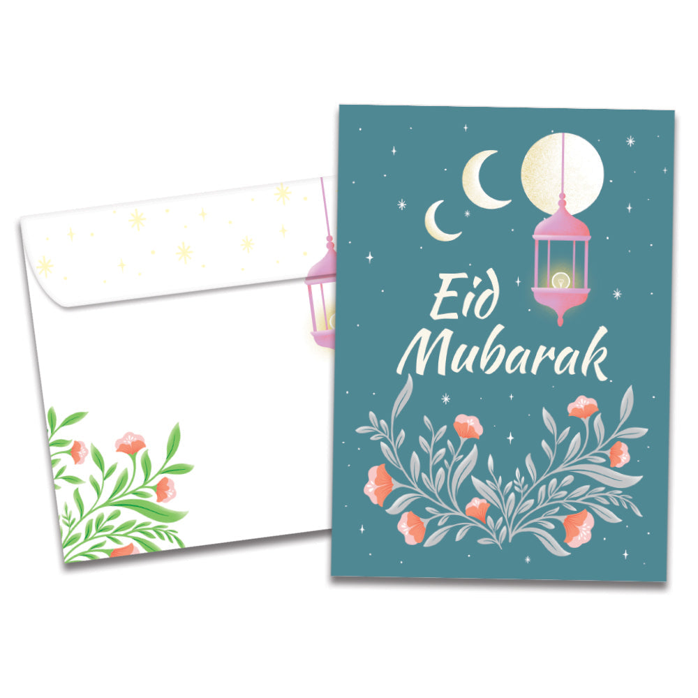 The cover of Tree-Free's Lantern Joy card, along with its matching envelope.