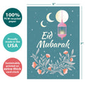 Load image into Gallery viewer, The cover of Tree-Free’s Lantern Joy card with lines demonstrating its 5x7 dimensions, along with the following text: “100% PCW recycled paper, proudly made in the USA, sustainably printed on extra-thick card stock”
