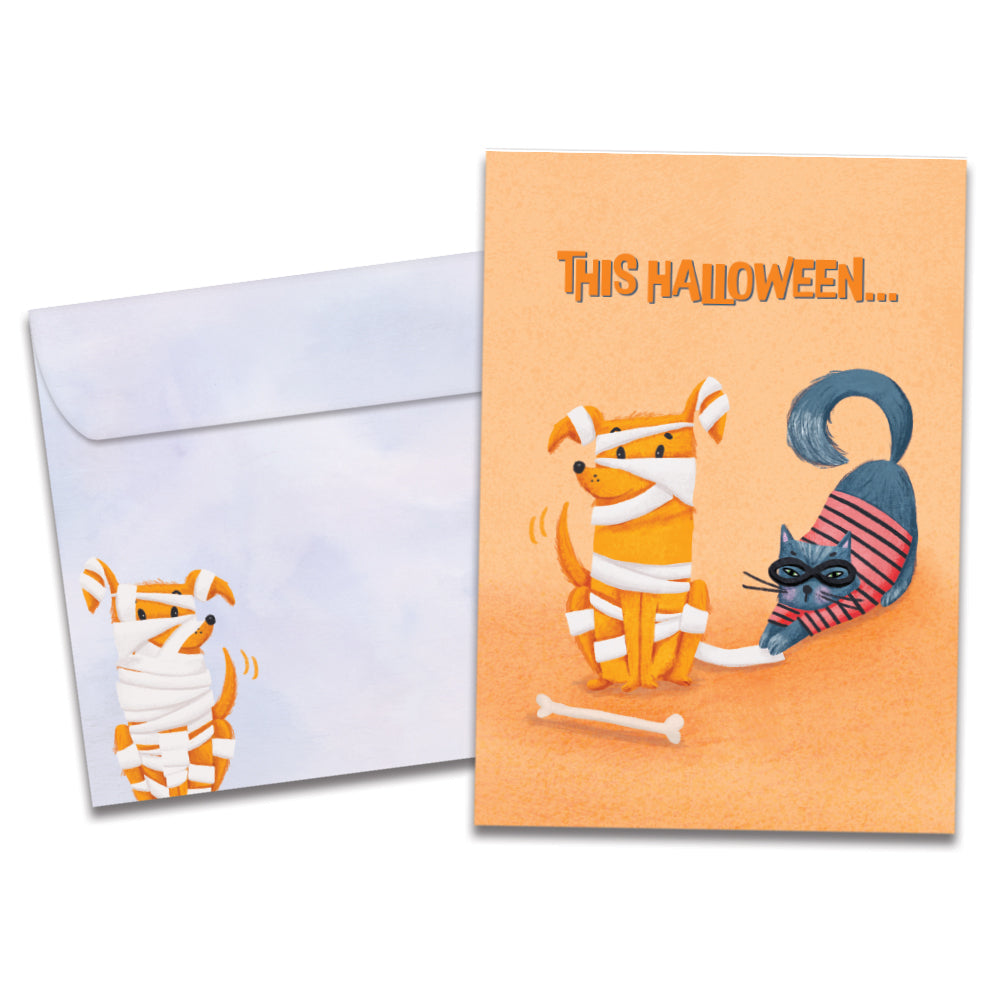 The cover of Tree-Free's Wrapped Pets card, along with its matching envelope.