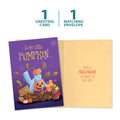 Load image into Gallery viewer, The cover and inside of Tree-Free’s Pumpkin Birds card, along with the following text: “1 greeting card, 1 matching envelope”
