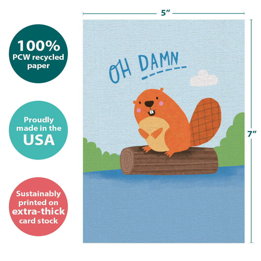 The cover of Tree-Free’s Beaver Dam card with lines demonstrating its 5x7 dimensions, along with the following text: “100% PCW recycled paper, proudly made in the USA, sustainably printed on extra-thick card stock”