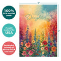Load image into Gallery viewer, The cover of Tree-Free’s Wildflower Light Daughter card with lines demonstrating its 5x7 dimensions, along with the following text: “100% PCW recycled paper, proudly made in the USA, sustainably printed on extra-thick card stock”
