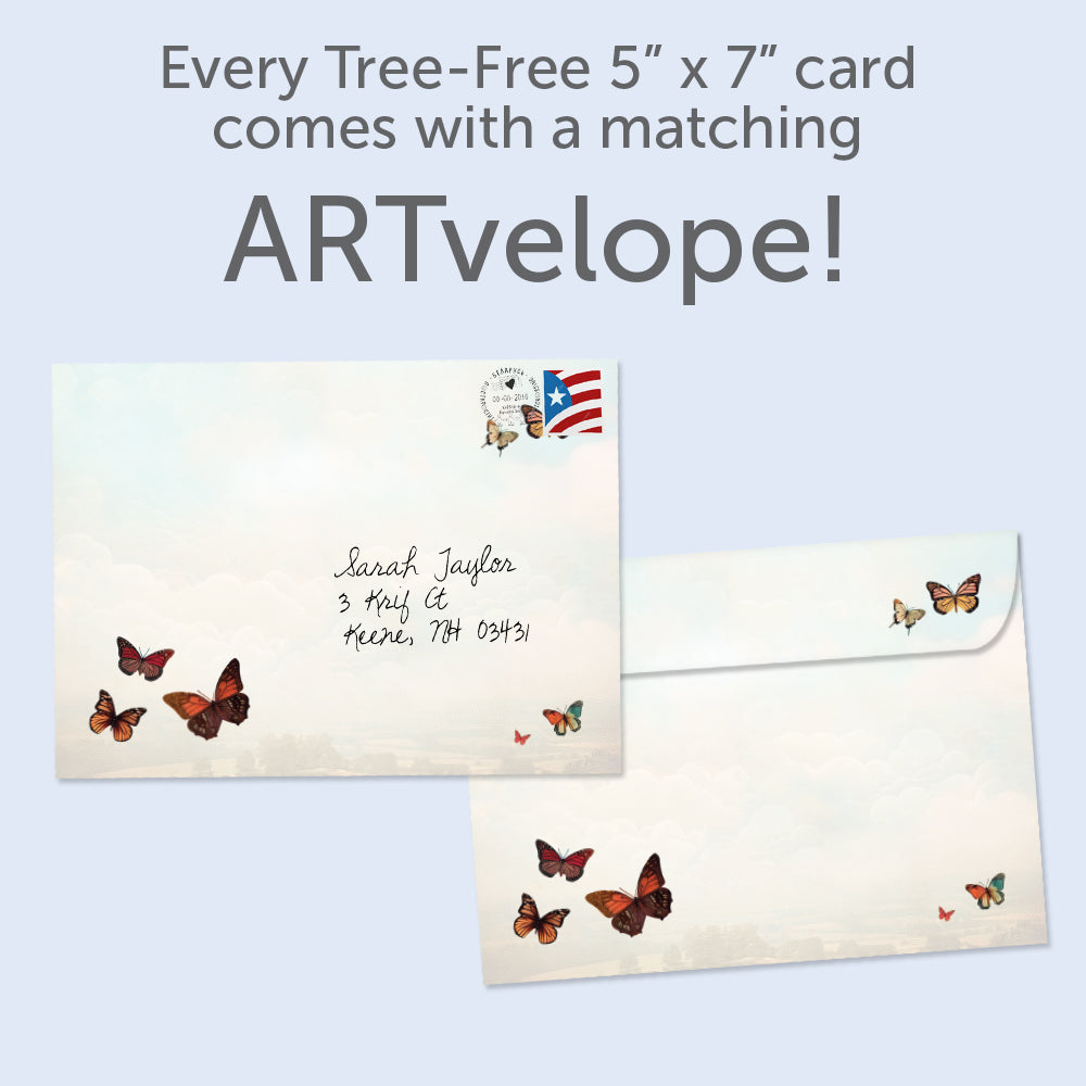 The envelope for Tree-Free’s Happiness Balloons card, along with the following text: “Every Tree-Free 5x7 card comes with a matching ARTvelope!”
