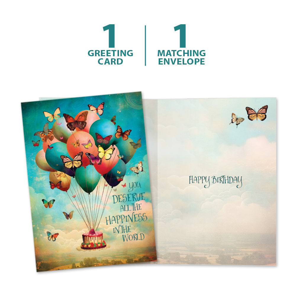 The cover and inside of Tree-Free’s Happiness Balloons card, along with the following text: “1 greeting card, 1 matching envelope”