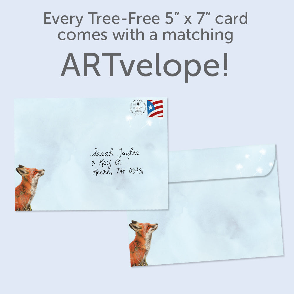 The envelope for Tree-Free’s Fox Wishes card, along with the following text: “Every Tree-Free 5x7 card comes with a matching ARTvelope!”