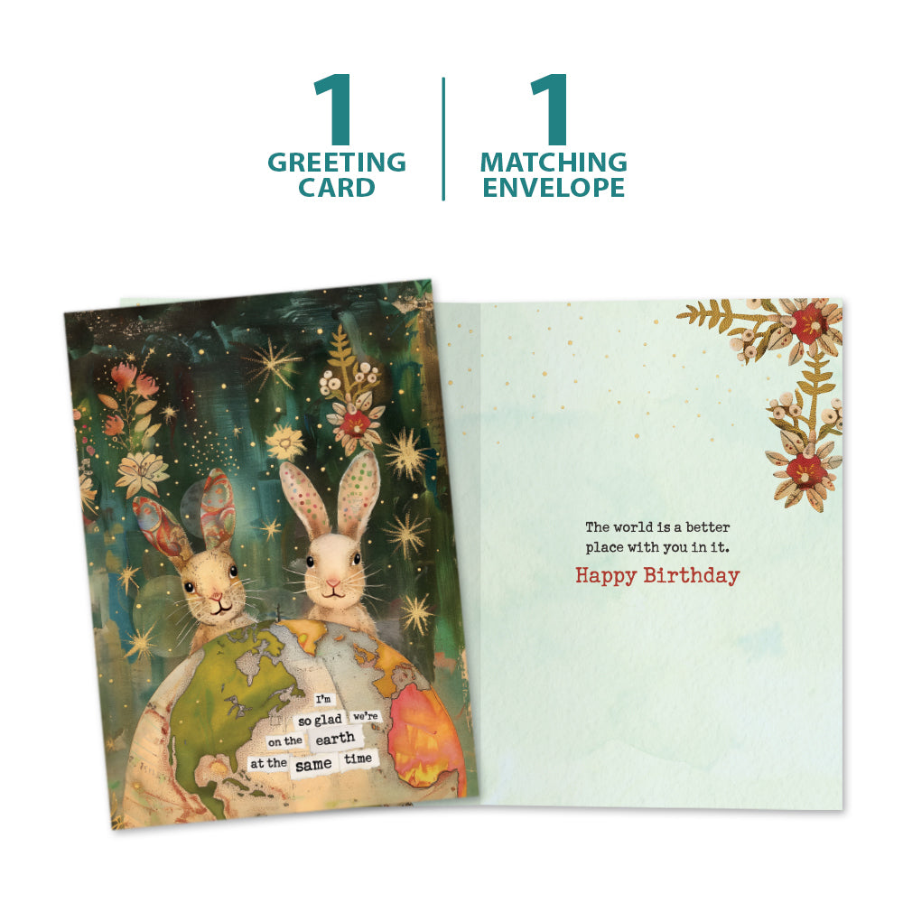 The cover and inside of Tree-Free’s Earth Rabbits card, along with the following text: “1 greeting card, 1 matching envelope”