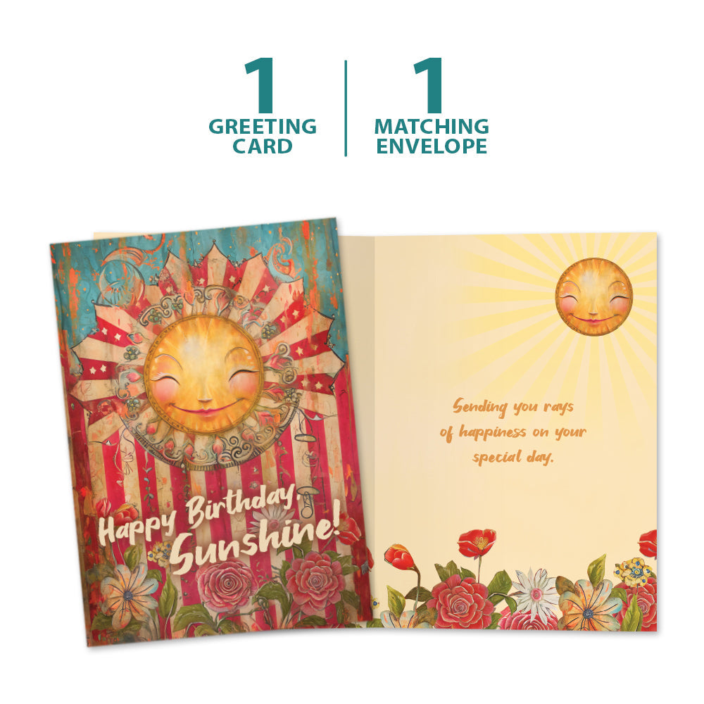 The cover and inside of Tree-Free’s Happy Sunshine card, along with the following text: “1 greeting card, 1 matching envelope”
