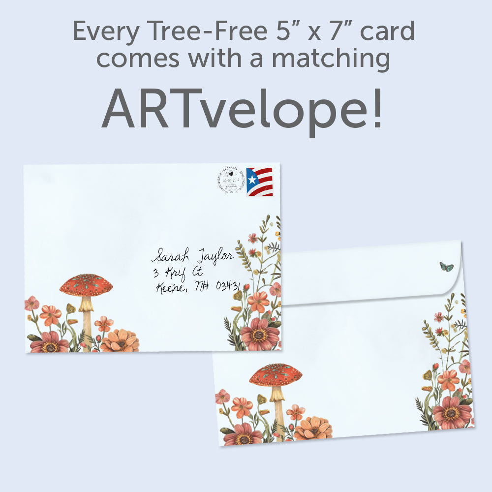 The envelope for Tree-Free’s Dragonfly Toadstool card, along with the following text: “Every Tree-Free 5x7 card comes with a matching ARTvelope!”