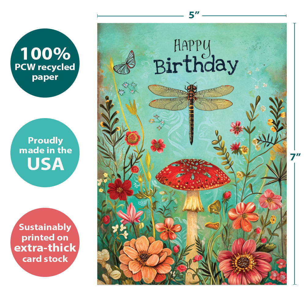 The cover of Tree-Free’s Dragonfly Toadstool card with lines demonstrating its 5x7 dimensions, along with the following text: “100% PCW recycled paper, proudly made in the USA, sustainably printed on extra-thick card stock”