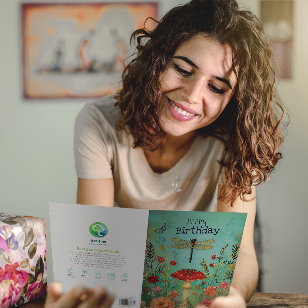 Lifestyle image(s) featuring Tree-Free’s Dragonfly Toadstool card