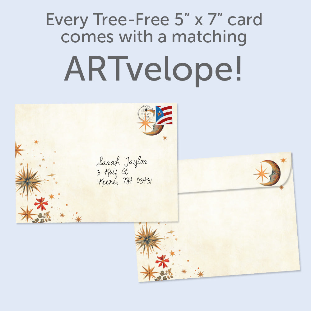The envelope for Tree-Free’s Crescent Moon Wish card, along with the following text: “Every Tree-Free 5x7 card comes with a matching ARTvelope!”