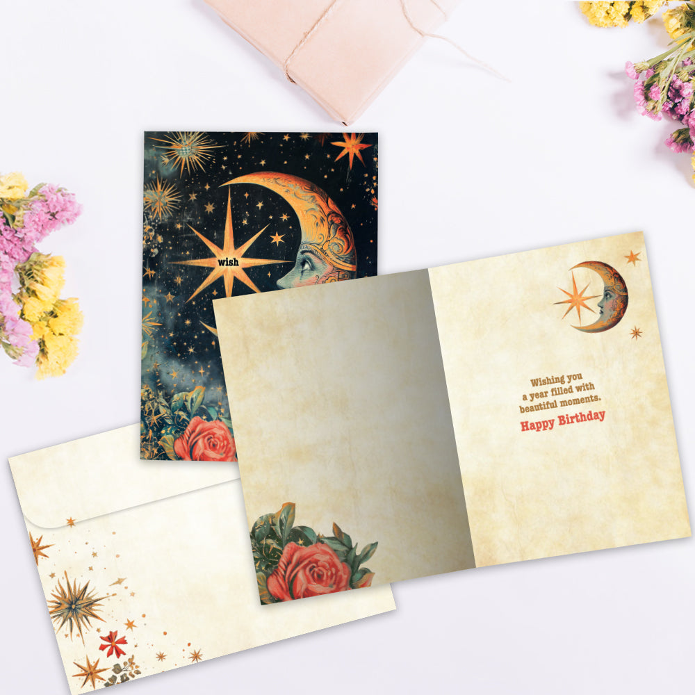 The inside of Tree-Free’s Crescent Moon Wish card, with the cover and envelope in the background.