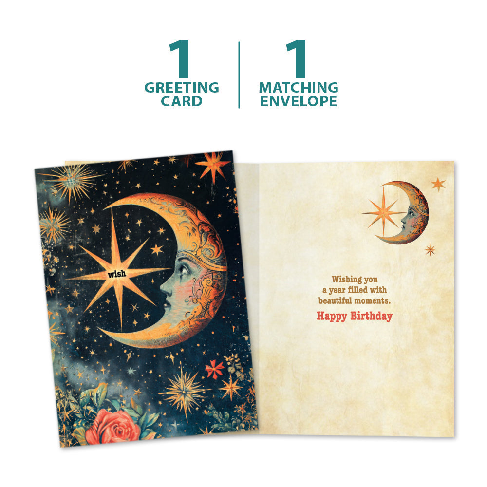 The cover and inside of Tree-Free’s Crescent Moon Wish card, along with the following text: “1 greeting card, 1 matching envelope”