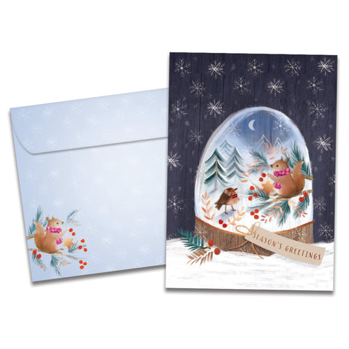 The cover of Tree-Free's Sweet Snowglobe card, along with its matching envelope.
