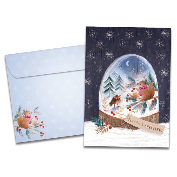The cover of Tree-Free's Sweet Snowglobe card, along with its matching envelope.