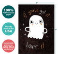 Load image into Gallery viewer, The cover of Tree-Free’s Haunt It card with lines demonstrating its 5x7 dimensions, along with the following text: “100% PCW recycled paper, proudly made in the USA, sustainably printed on extra-thick card stock”
