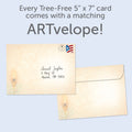 Load image into Gallery viewer, The envelope for Tree-Free’s Hanukkah Tree card, along with the following text: “Every Tree-Free 5x7 card comes with a matching ARTvelope!”
