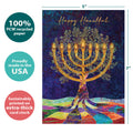 Load image into Gallery viewer, The cover of Tree-Free’s Hanukkah Tree card with lines demonstrating its 5x7 dimensions, along with the following text: “100% PCW recycled paper, proudly made in the USA, sustainably printed on extra-thick card stock”
