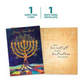 Load image into Gallery viewer, The cover and inside of Tree-Free’s Hanukkah Tree card, along with the following text: “1 greeting card, 1 matching envelope”
