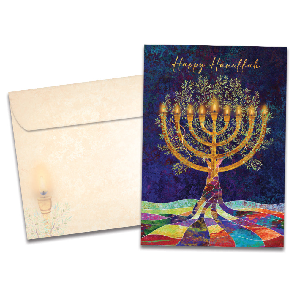 The cover of Tree-Free's Hanukkah Tree card, along with its matching envelope.