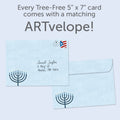Load image into Gallery viewer, The envelope for Tree-Free’s Oy to the World card, along with the following text: “Every Tree-Free 5x7 card comes with a matching ARTvelope!”

