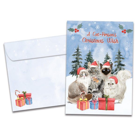 The cover of Tree-Free's Cat Person Wishes card, along with its matching envelope.