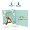 Load image into Gallery viewer, The cover and inside of Tree-Free’s Merry Snowman card, along with the following text: “1 greeting card, 1 matching envelope”
