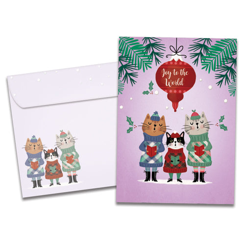 The cover of Tree-Free's Cat Carolers card, along with its matching envelope.